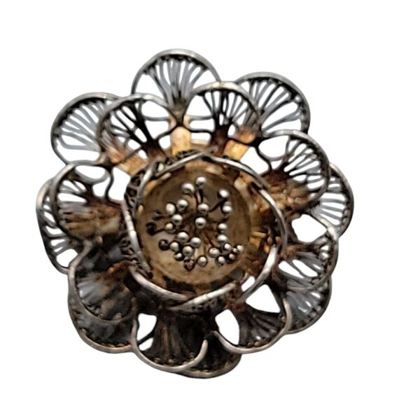 Sterling Silver Layered Flower Brooch Filigree Vintage 925 Floral Pin Unmarked - Picture 1 of 7